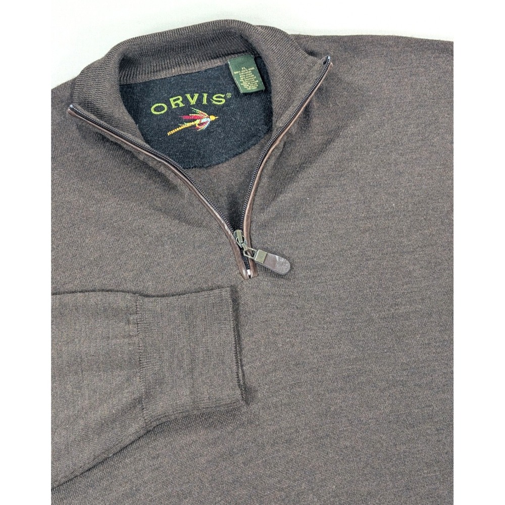 Orvis Sweater Mens XL Brown 100% Merino Wool Quarter Zip Pullover Mock Neck 9G6T